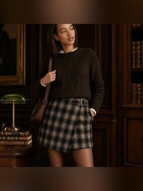 Madewell Wrap Mini Skirt Plaid Black Tan Buckle Wool Blend Size 6